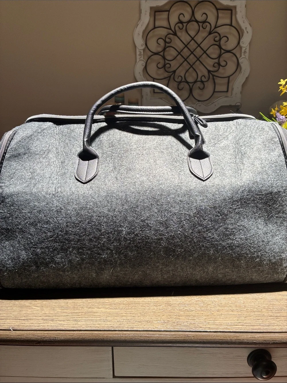 John Varvatos Gray Felt Duffel with Black Trim